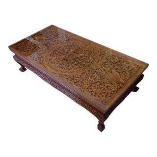 Vintage Hand-Carved Teakwood Coffee Table With Custom Glass Top For Sale
