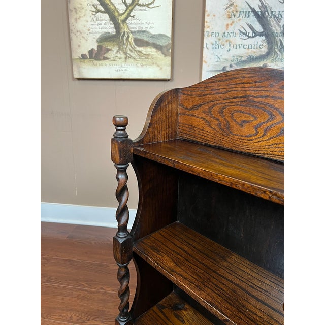 Petite Antique English Bookcase Bookshelf Barley Twist Tiger Oak Display C1920 For Sale - Image 12 of 18