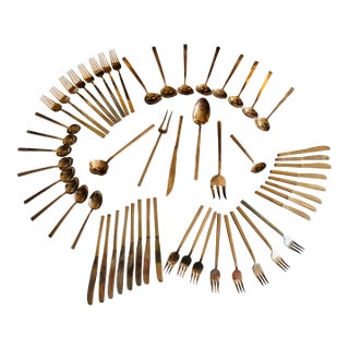 Vintage 1960s Siam Nickel Bronze 56 Piece Flatware Set With Box From James Quality Jewelers in Thailand For Sale