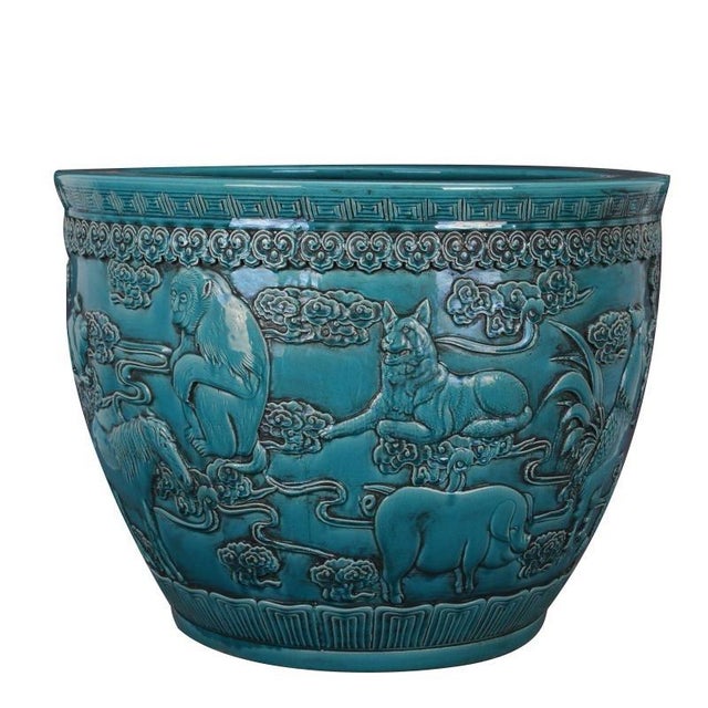 Early 21st Century Jingdezhen Hand Carved Ceramic Turquoise Blue Planter With Zodiac Motif For Sale - Image 4 of 10