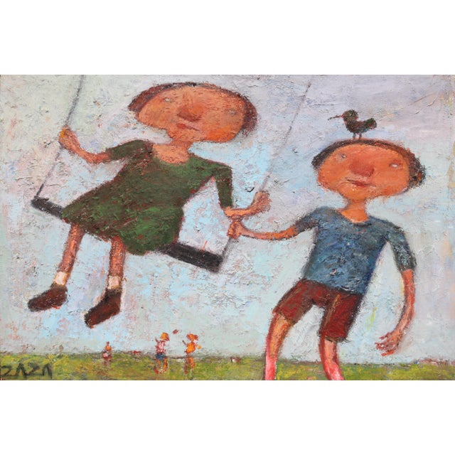 Contemporary Original Signed "Children Swinging" by Zaza Khabuliani For Sale - Image 3 of 5