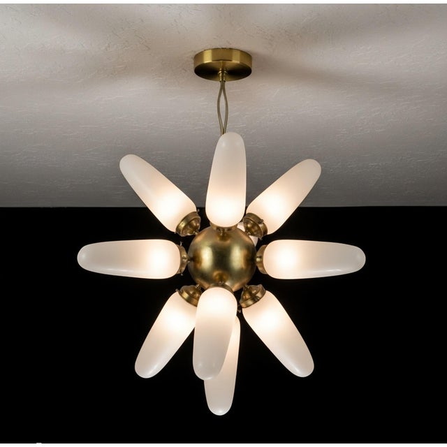 VINTAGE ART DECO FIXTURE OLD CEILING BRASS HANGING CHANDELIER 12 LIGHT MILK GLASS SHADE LAMP Excellent Working Condition...