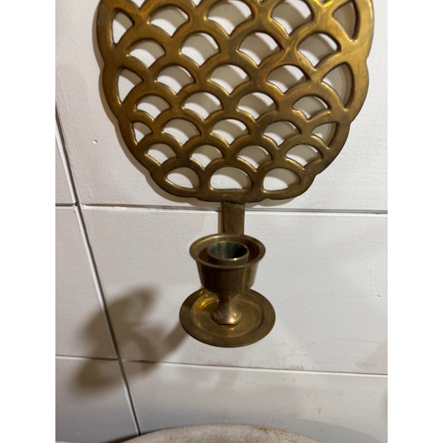 Brass Pair of Vintage Brass Pineapple Wall Candle Sconces For Sale - Image 8 of 9
