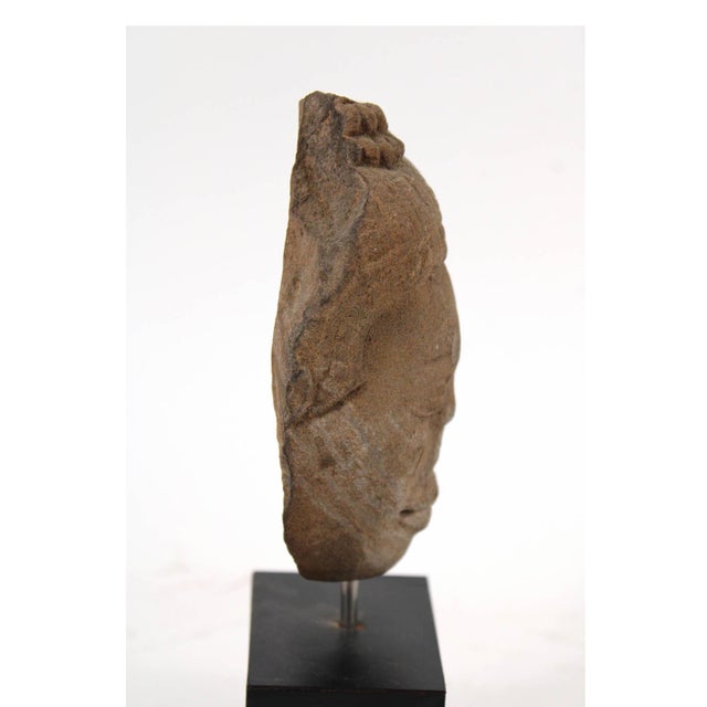 Indian Antique Hand Carved Sandstone Buddha Head Statute on Stand For Sale - Image 3 of 5