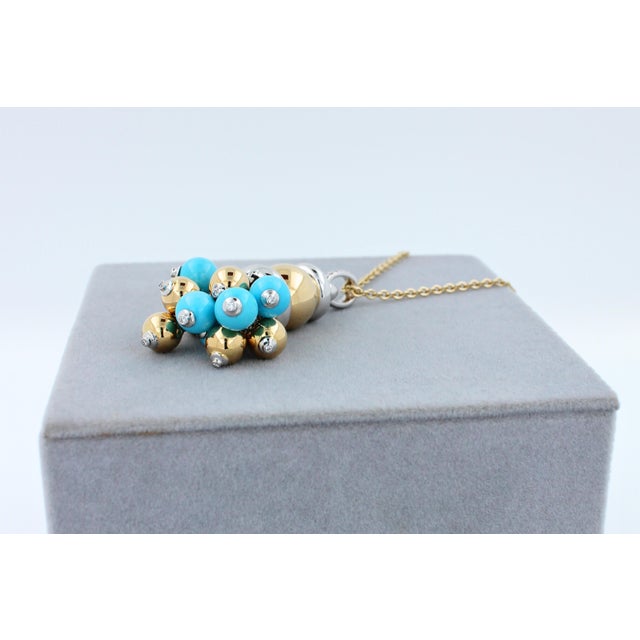 Blue Turquoise Diamonds Golden Sphere Bells Motif Two Tone Gold Pendant Necklace For Sale - Image 9 of 15