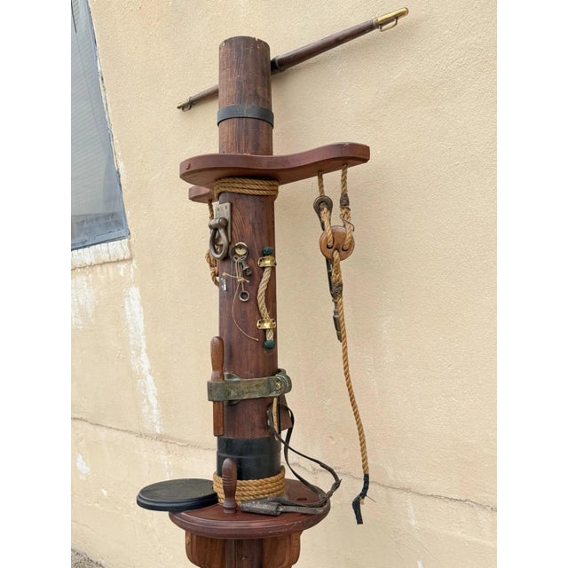 Vintage Custom Nautical Wood 95" Ship Mast Mancave Bar Island W Pulley & Ropes For Sale - Image 11 of 18