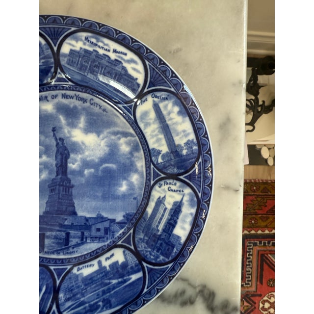 American Antique Rowland & Marcellus Staffordshire "Souvenir of New York City" Blue Transferware Plate For Sale - Image 3 of 3
