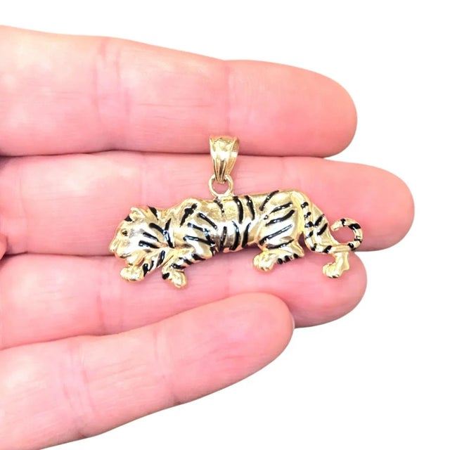 Gold Vintage 14k Yellow Gold Black Enamel Tiger Pendant For Sale - Image 8 of 8