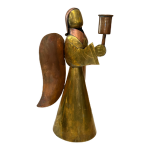 Vintage Hard-to-Find. Extra-Large 17” Tall Brass and Copper Angel Candleholder. Authentication Marked Mexico.