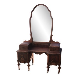 Early 20th Century Antique Victorian Oak Writing Vanity Desk With Mirror For Sale