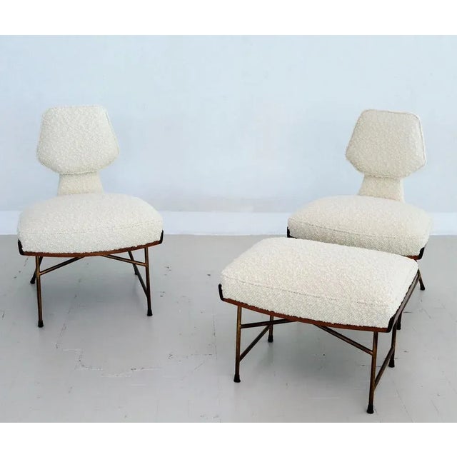 Mid-Century Italian Wood & Bouclé Slipper Chairs & Footstool, 1950, Set of 3 For Sale - Image 12 of 18