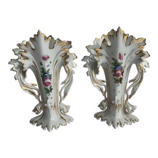 Hudson Valley Hand-Painted Flower Vases - A Pair - Gold/Floral For Sale