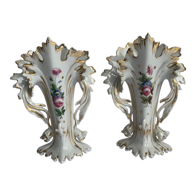 Hudson Valley Hand-Painted Flower Vases - A Pair - Gold/Floral For Sale