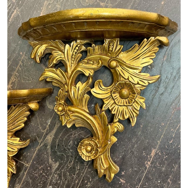 Mid-Century Hollywood Regency Italian Giltwood Floral Wall Brackets - Pair For Sale In Atlanta - Image 6 of 8