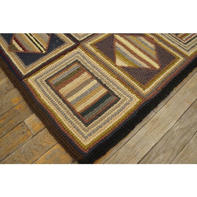Camel 1960s Earth Tones Diamond Square Vintage American Hooked Rug 6' X 8'7" Knotted Pile Wool Carpet For Sale - Image 8 of 9