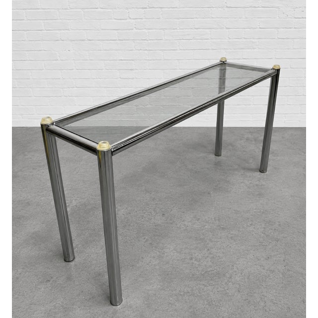 1970s Mid Century Modern Chrome + Smoked Glass Console Table, C. 1960's For Sale - Image 5 of 13