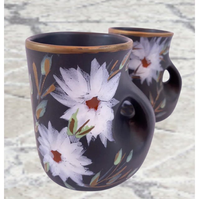 Black Mid-Century Vallauris Black White Floral Blossoms Terracotta Mugs- A Pair For Sale - Image 8 of 18