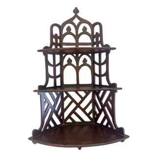 Vintage Asian Chinese Chippendale Fretwork Triple Wall Shelf For Sale