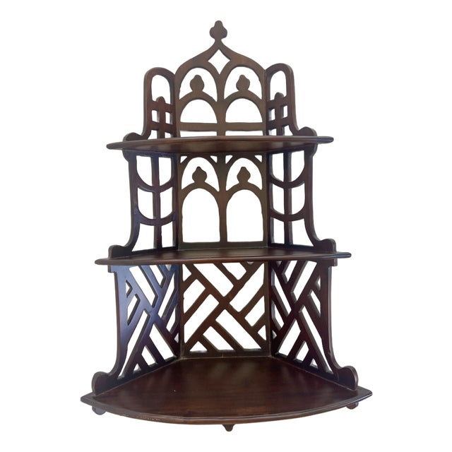 Vintage Asian Chinese Chippendale Fretwork Triple Wall Shelf For Sale