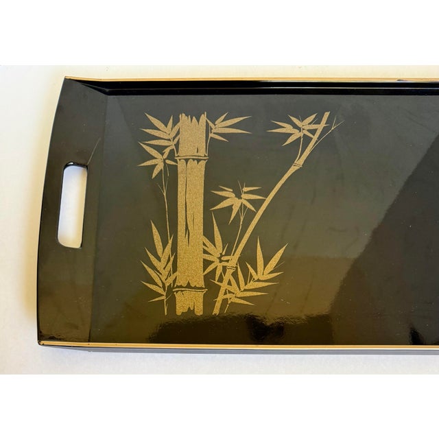 Plastic Vintage Marusei Japanese Black Serving Tray With Gold Bamboo Design For Sale - Image 7 of 10