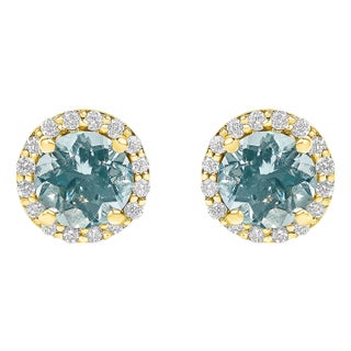 10K Yellow Gold Blue Aquamarine and 1/6 Cttw Diamond Halo Stud Earrings ,A Pair For Sale