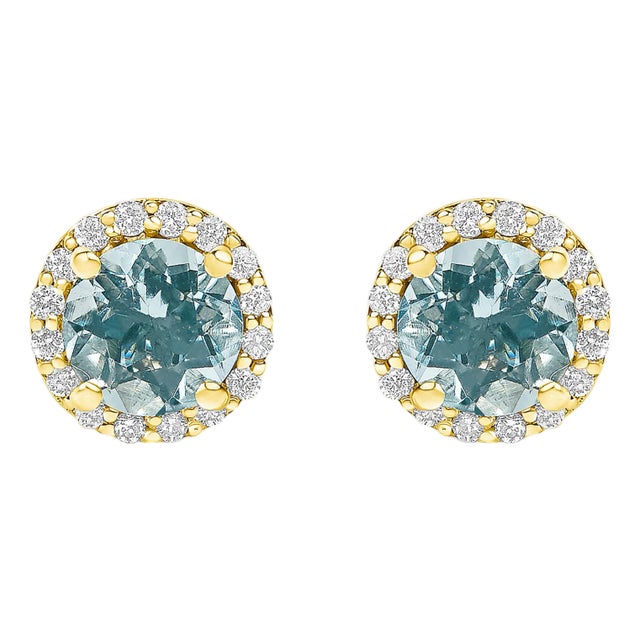 10K Yellow Gold Blue Aquamarine and 1/6 Cttw Diamond Halo Stud Earrings ,A Pair For Sale