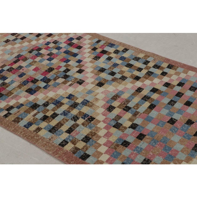 Rug & Kilim Vintage Midcentury Diamond Pattern Pink and Blue Wool Rug by Rug & Kilim For Sale - Image 4 of 8