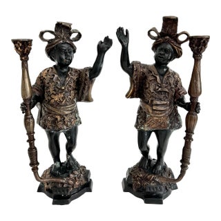 Mid-20th C Venetian-Style Moorish Figural Bronze Candlesticks - A Pair For Sale