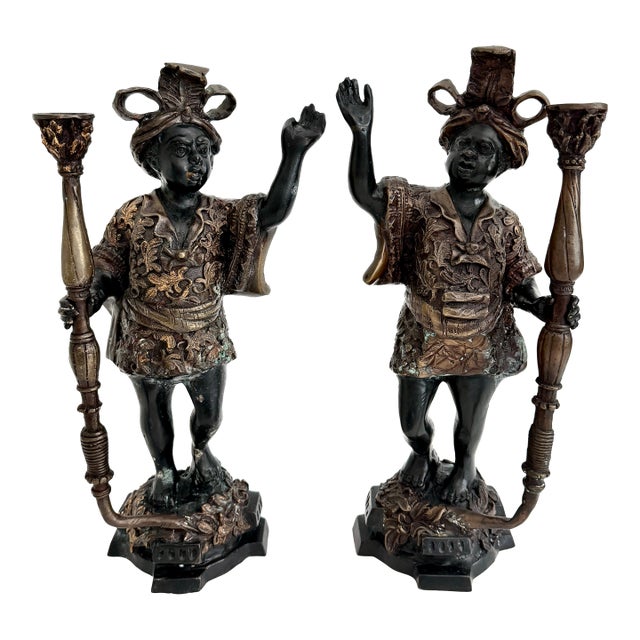 Mid-20th C Venetian-Style Moorish Figural Bronze Candlesticks - A Pair For Sale