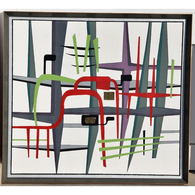 Ernest August Kalnins 20th century "Japanese Composition" Oil and two small metal plates affixed to cardboard, with...