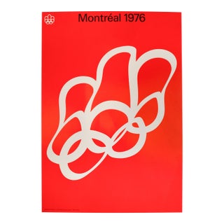 1976 Affiche Du Logo Des Olympiques De Montréal, Logo Blanc Ondulé Sur Fond Rouge (Grande) - Yvon Laroche/Cojo For Sale