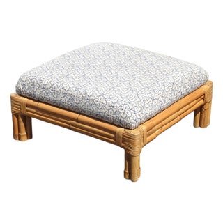 Large Vintage French Country Coastal Bamboo Rattan Ottoman Foot Stool For Sale