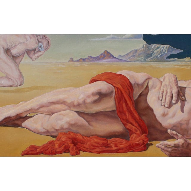 The artwork depicts a surreal landscape where a reclining figure, draped in a vivid red cloth, lies on a barren terrain,...