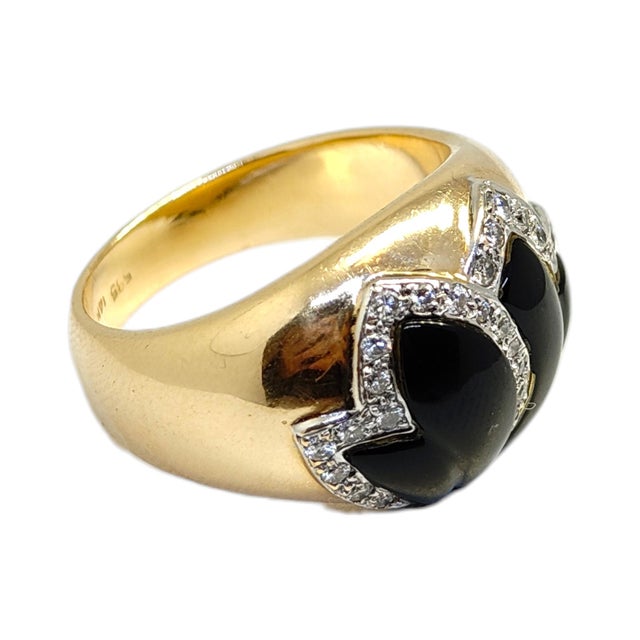 Vintage 14k Gold Onyx & Diamond Foliate Design Ring, Size 6.75 For Sale - Image 9 of 12