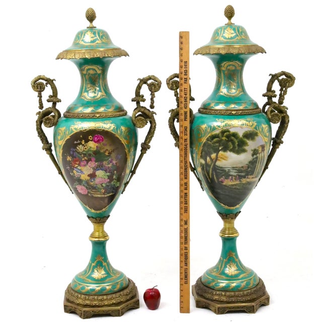 Pair of Large / Impressive 19th Century French Ormolu Mounted Sèvres Porcelain Urns For Sale - Image 12 of 13