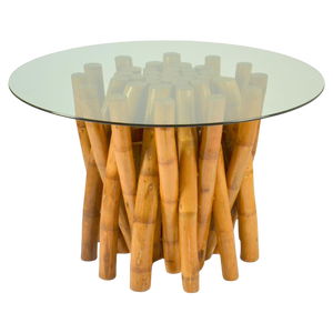Bamboo Base Round Dining Table with Glass Top, 1950s