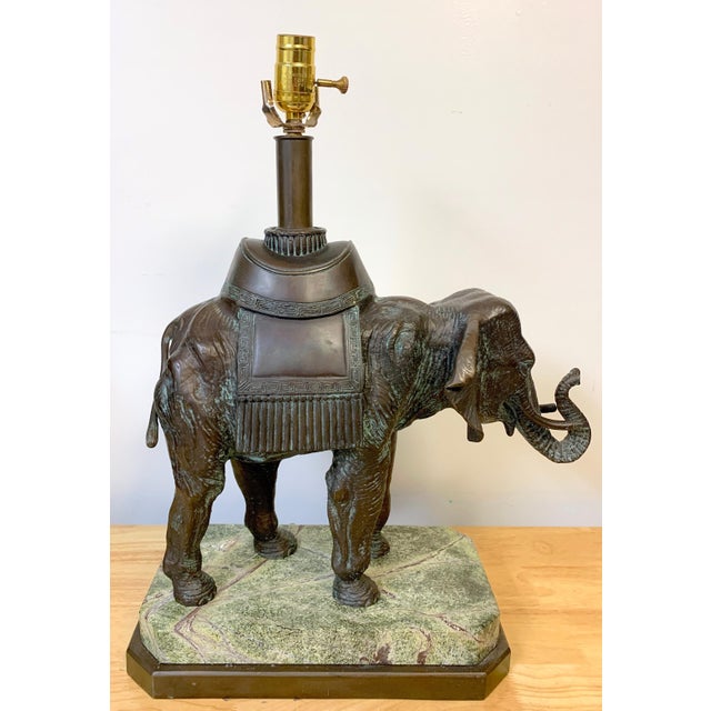Metal Late 20th Century Maitland-Smith Bronze Asian Elephant Table Lamp on Serpentine Marble Base For Sale - Image 7 of 14