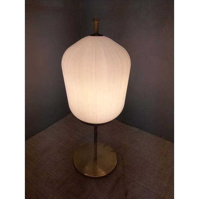 Satin Brass & Large Ribbed Milky Glass Floor Lamp For Sale - Image 15 of 17