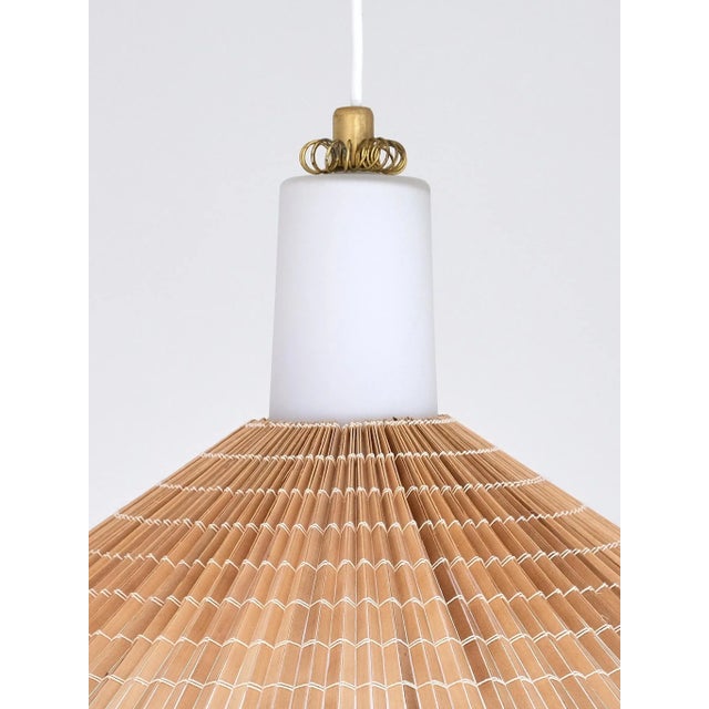 Mid-Century Modern Pendant in Opal Glass, Lamellar Aspen Wood and Brass by Paavo Tynell for Idman, 1950s For Sale - Image 3 of 11