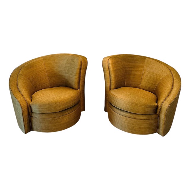 Pair of Schnadig for Havertys Contemporary Barrel Swivel Chairs in Toasted Maize Made in U S A For Sale