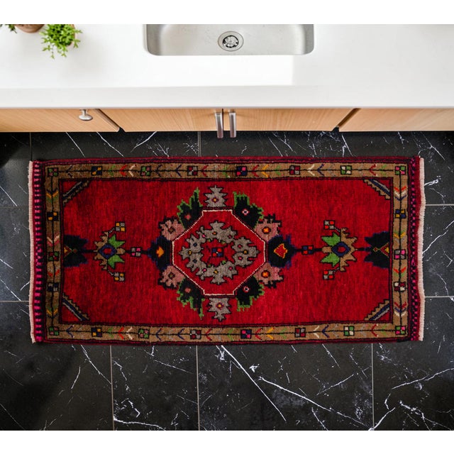 Hand Knotted Small Turkish Rug. Organic Wool 1960's Entryway Decor DoorMat, Accent Rug - 21'' X 45'' For Sale - Image 4 of 12