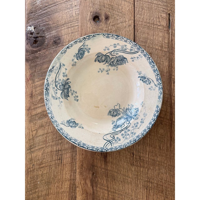 French Antique Sarreguemines U&c "Royat" Blue Transferware Soup Plate - French Ironstone For Sale - Image 3 of 5