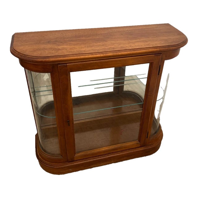 Vintage China Cabinet Curio Display Glass Door, Shelf, Curved Sides, Mirror Back For Sale