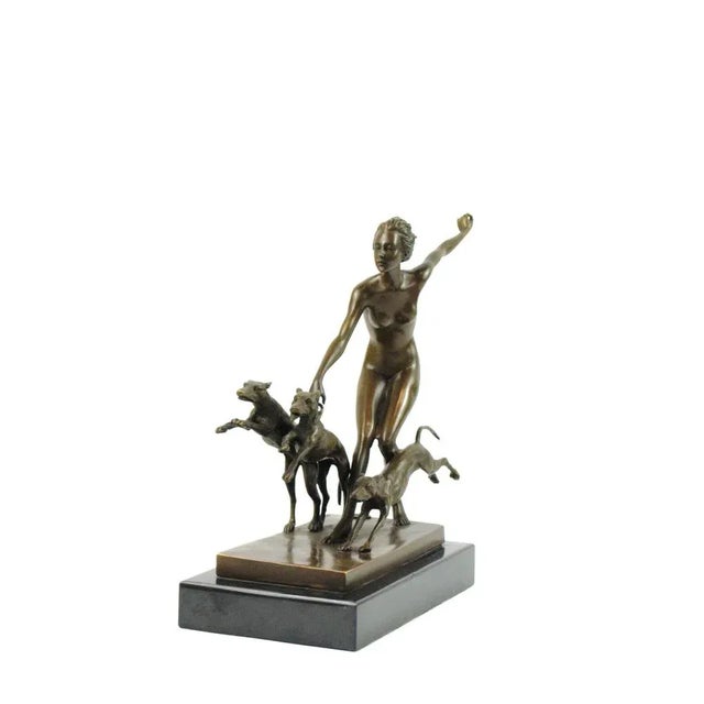 Josef Lorenzl, Art Deco Female Nude with Dogs, 1920s, Bronze on Marble