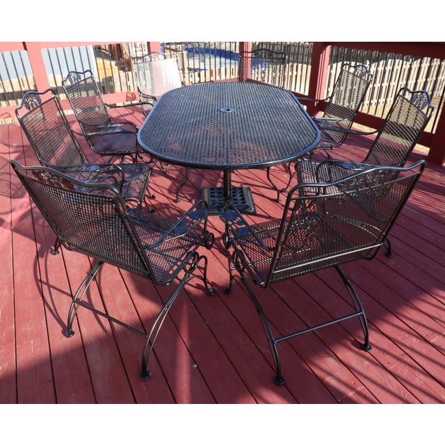 Attributed to Russell Woodard Wrought Iron Eight Chair Family Patio Set For Sale - Image 6 of 17