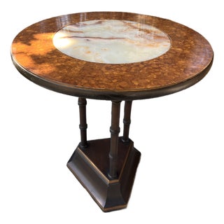 Mid 20th Century Antique Chinoiserie Style Walnut Burl and Ebonized Wood Center Marble Round Top, Side Table. Size 20” Diameter and 22” Height. For Sale