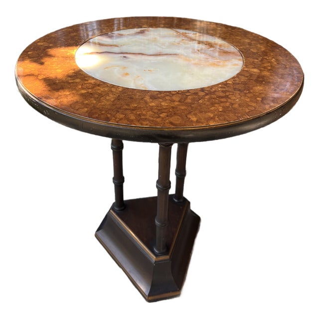 Mid 20th Century Antique Chinoiserie Style Walnut Burl and Ebonized Wood Center Marble Round Top, Side Table. Size 20” Diameter and 22” Height. For Sale