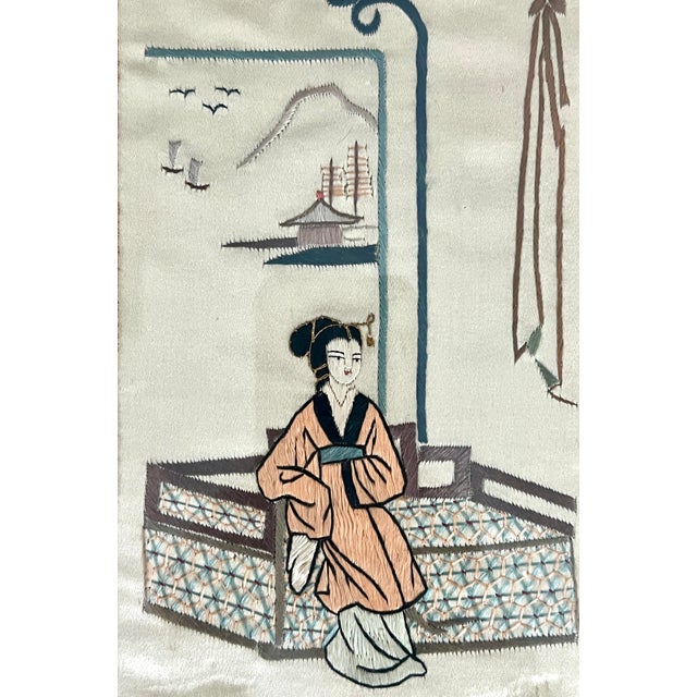 Wood MId Century Chinese Hand Embroidered Silk on Gold Silk Figural & Landscaped Framed Wall Hangings / Panels, a Pair For Sale - Image 7 of 8