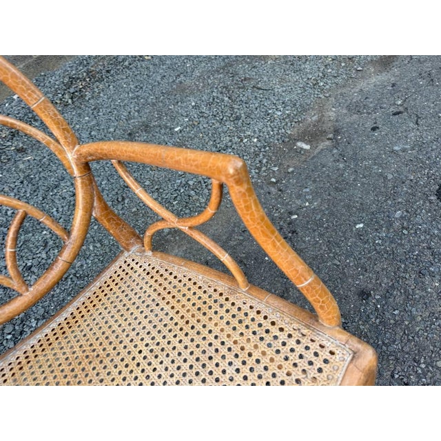Vintage McGuire Style Faux Bamboo Rattan Spider Web Design Cracked Ice Caned Seat Armchair For Sale - Image 4 of 17