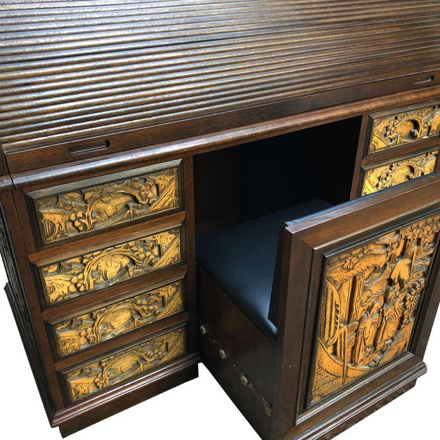 Asian Japanese Export Carved Rolltop Secretary Desk W/ Chair Chairish